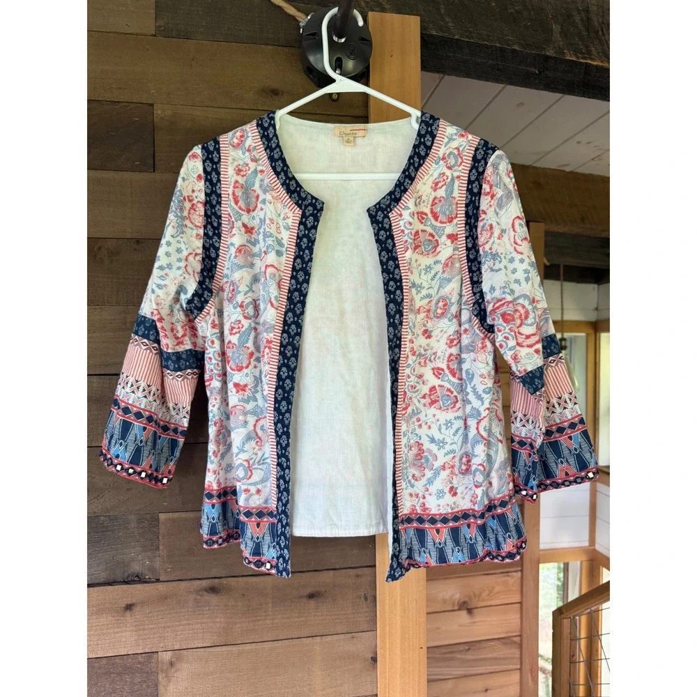 Choices Womens Red Blue Floral Patchwork Open Front Jacket Mirror Trim Size M